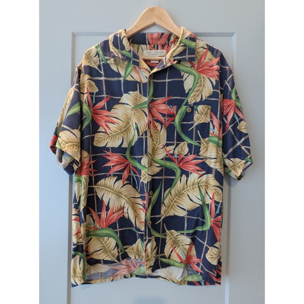 Island Republic Mens 100% Silk Cabana Birds of Paradise Hawaiian‎ Shirt Sz (L)